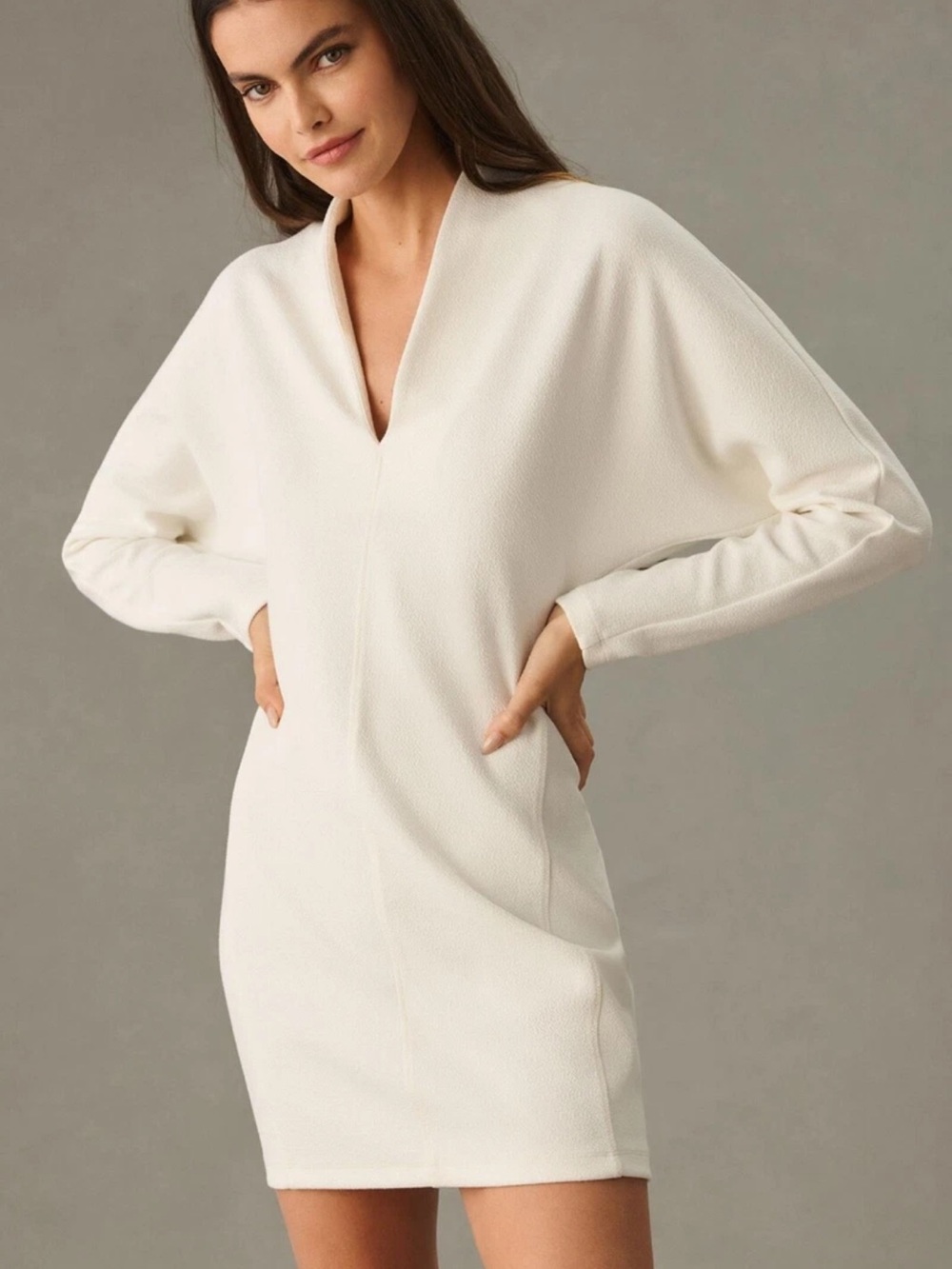 Anthropologie Daily Practice womans Ivory V-Neck Long Sleeve Mini Dress M